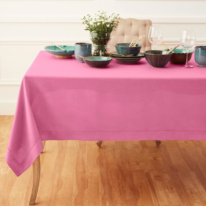 Solino Home 100% Pure Linen Tablecloth Flamingo Pink Hemstitch, 60 x 144 in