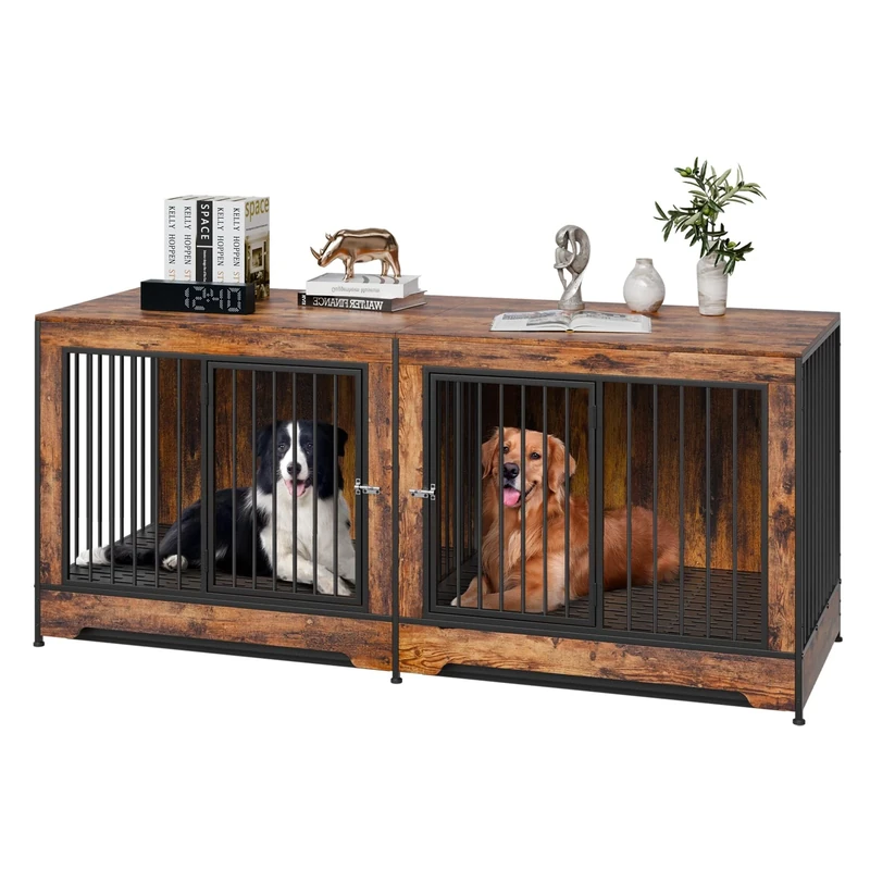 VEVOR 75" Dog Crate Furniture for 2 Dogs, Extra Large Double Dog Crate Furniture Large Breed with Divider & Double Doors, Large Wooden Dog Crate Furniture TV Stand for Medium Large Dogs Brown