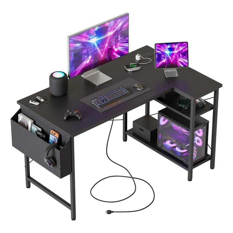 Mericonia Small L Shaped Desk with Power Outlets,100 cm L Computer Corner Desks with Reversible Shelves, Gaming Desk, Study Writing Table for Home Office, Black