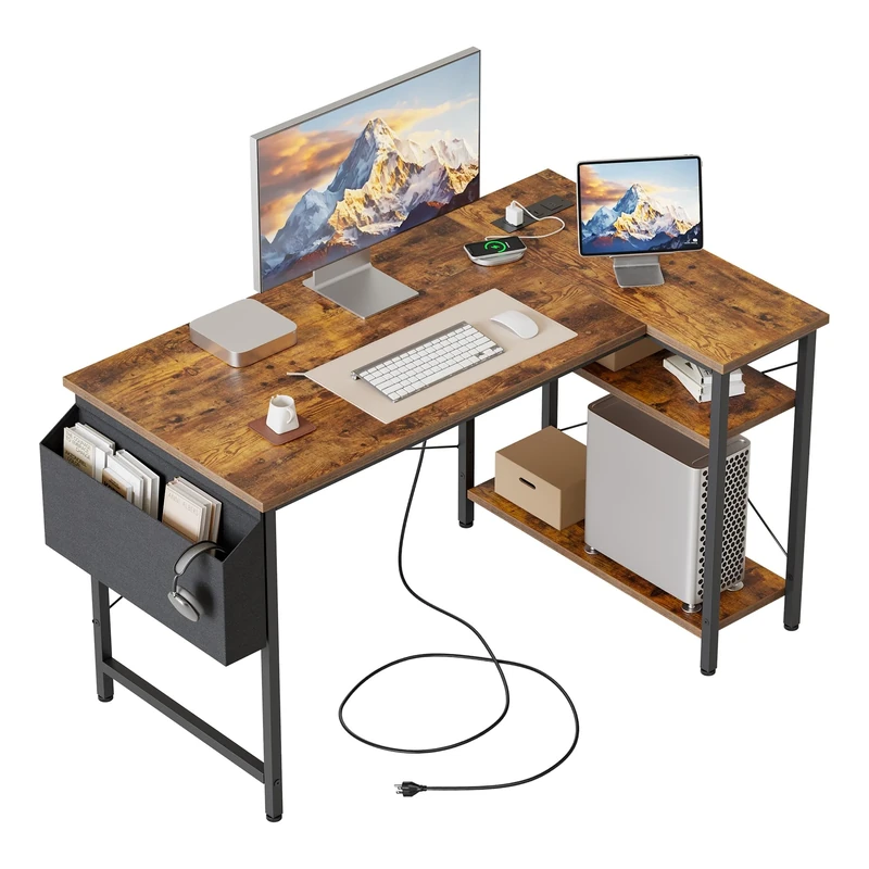 Mericonia Small L Shaped Desk with Power Outlets,100 cm L Computer Corner Desk with Reversible Shelves, Gaming Desks, Study Writing Table for Home Office, Brown