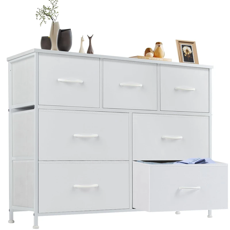 DUMOS Chest of Drawers for Bedroom with Fabric Drawers, High Organiser for Clothes, Cupboard, Children's Room, Storage Tower with Cupboard, Metal Frame, Wooden Top, Lightweight