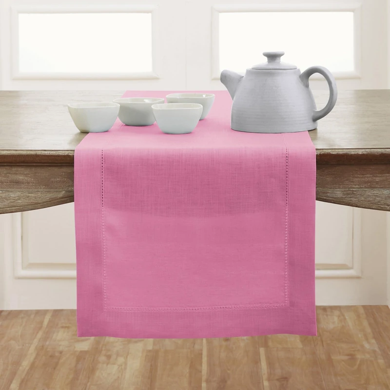 Solino Home Linen Flamingo Pink Table Runner 132 Inches Long - 100% Pure Linen Extra Long Table Runner 14 x 132 Inch for Summer - Classic Hemstitch