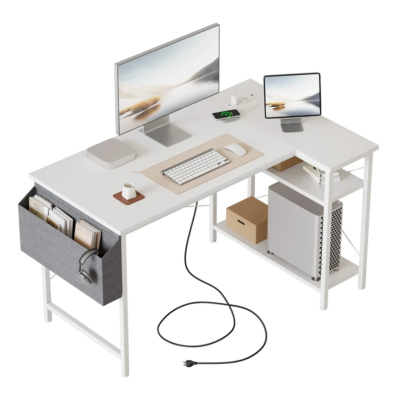 Mericonia Small L Shaped Desk with Power Outlets,100 cm L Computer Corner Desks with Reversible Shelves, Gaming Desk, Study Writing Table for Home Office, White