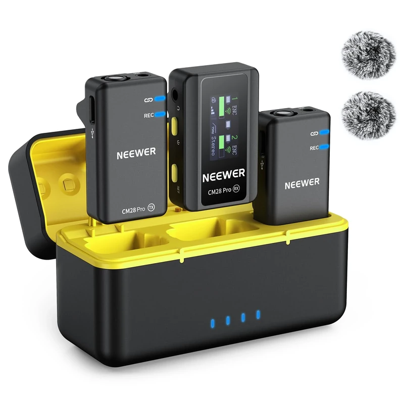NEEWER CM28 PRO Wireless Lavalier Lapel Microphone System with Charging Case 48KHz 16 Bit Uncompressed Audio Noise Canceling 4GB Storage 9Hrs Recording Compatible with iPhone iPad Android Camera PC