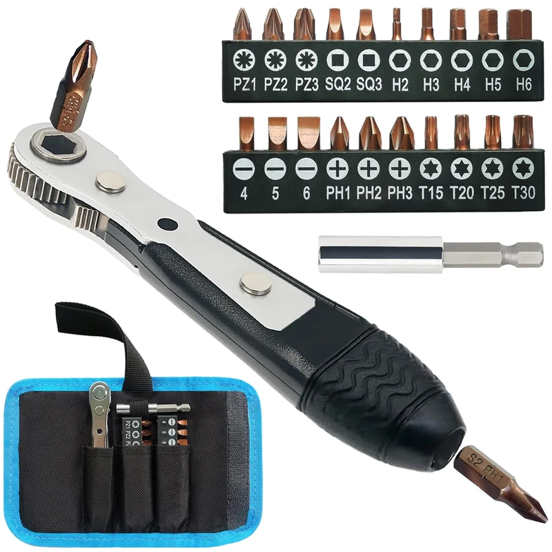 Mini Ratchet Screwdriver Set, Right Angle Screwdriver,Short Offset Screwdrivers with Phillips, Flat, Torx, Hex, Square,Pozidriv S2-Alloy Steel Bits (36-Teeth)