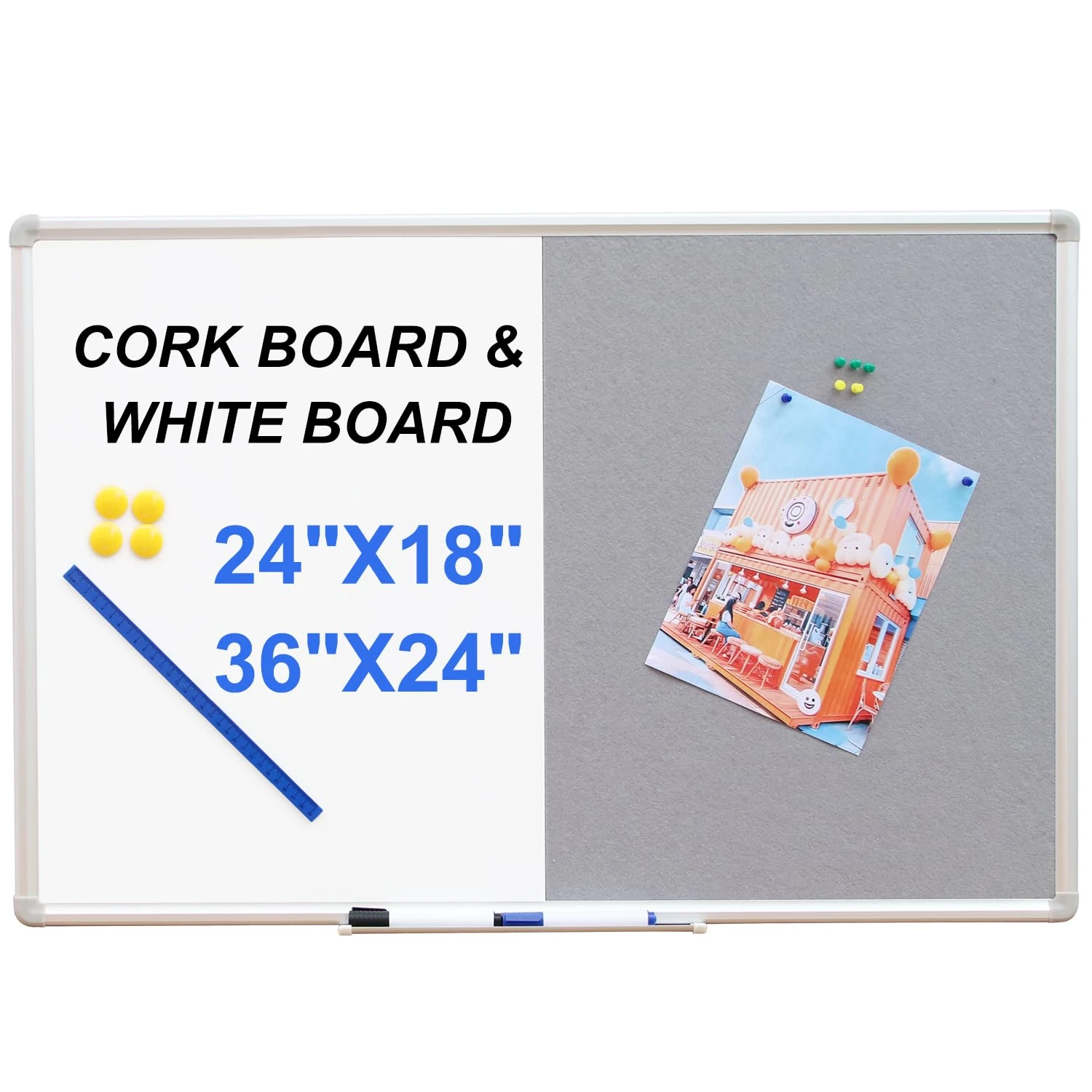 DEVELOP Grey Felt Bulletin & Magnetic Dry Erase Combo Board, 36 x 24 Inch Hanging Whiteboard/Grey Felt Bulletin Combination Board with Marker Tray, Pins, Eraser, Markers & Magnets