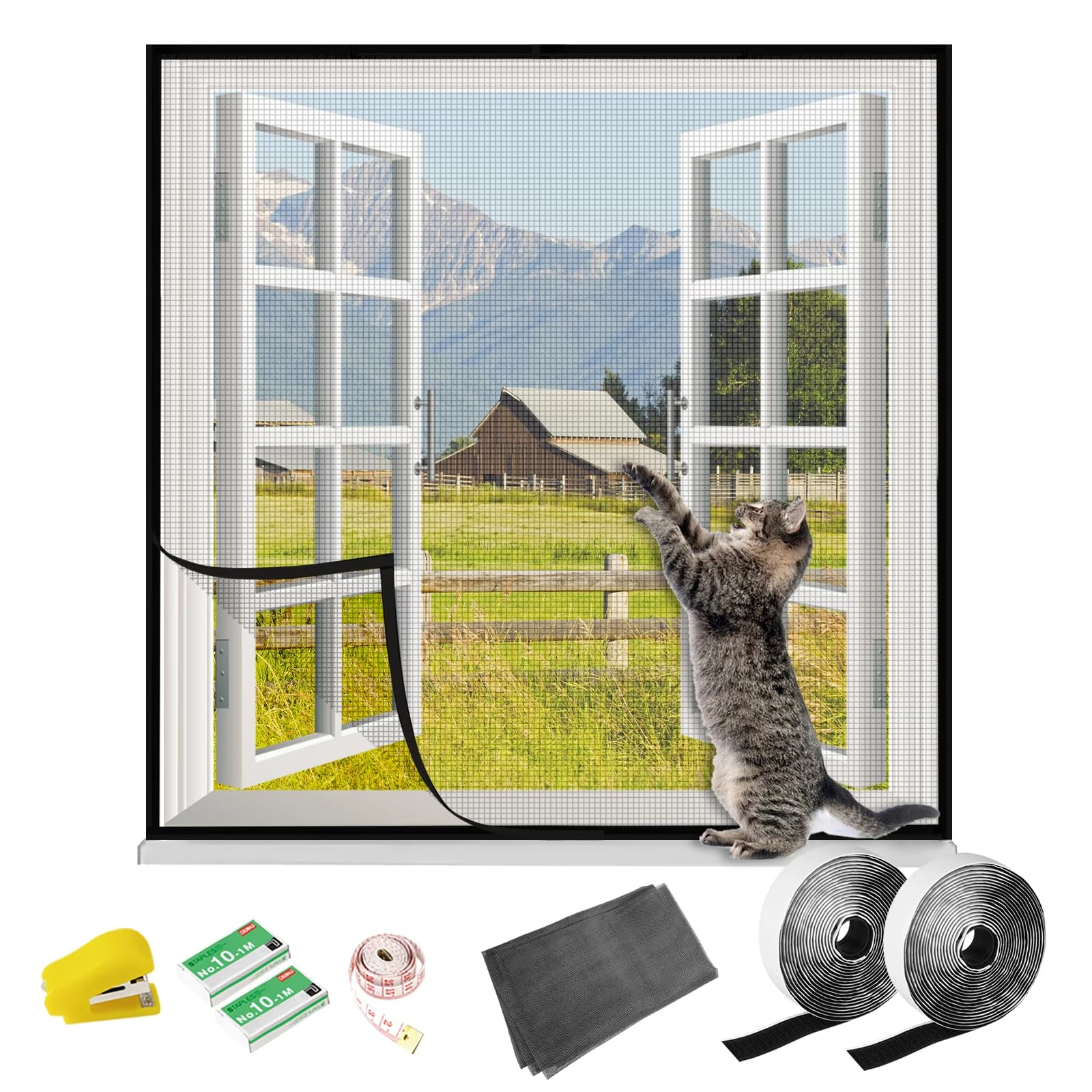 Shackcom 1 Set Window Screen Replacement & Repair Kit, Adjustable DIY Max 100 x 150 cm Fiberglass Screen Mesh for Windows with 1 Stapler 1 roll Tape Measure, Grey