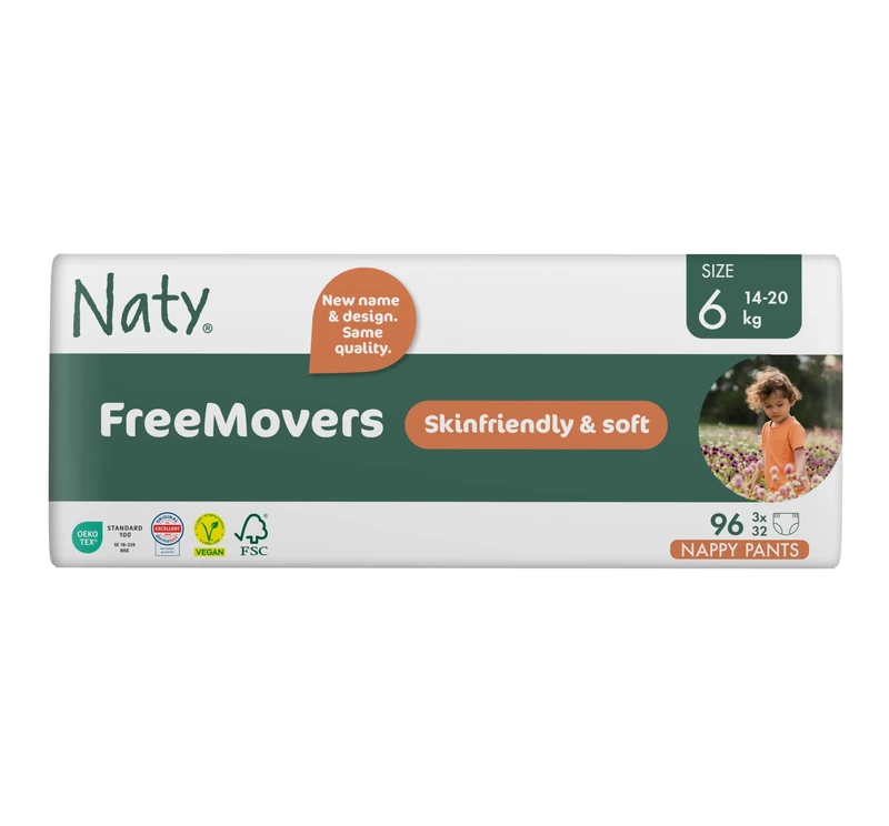 Naty FreeMovers Nappy Pants | Sensitive Skin Certified Potty Training Pants | Soft, Fragrance Free | Absorbent & Leak-Proof | Unisex Baby & Toddler | Size 6 (14–20 kg), 96 Count