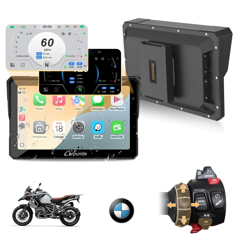 Carpuride W702BS Pro Motorcycle Carplay Screen with Native Wonder Wheel for BMW Motorbike, Wireless CarPlay & Android Auto, 7" Waterproof Touchscreen, Dual Bluetooth, Intercom Function, Data Reading.