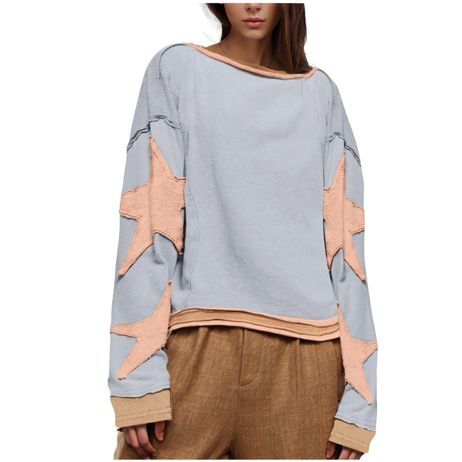 Free Women's Oversized Lightweight Star Print Drop Shoulder Pullover Casual Blouse Spring Fall