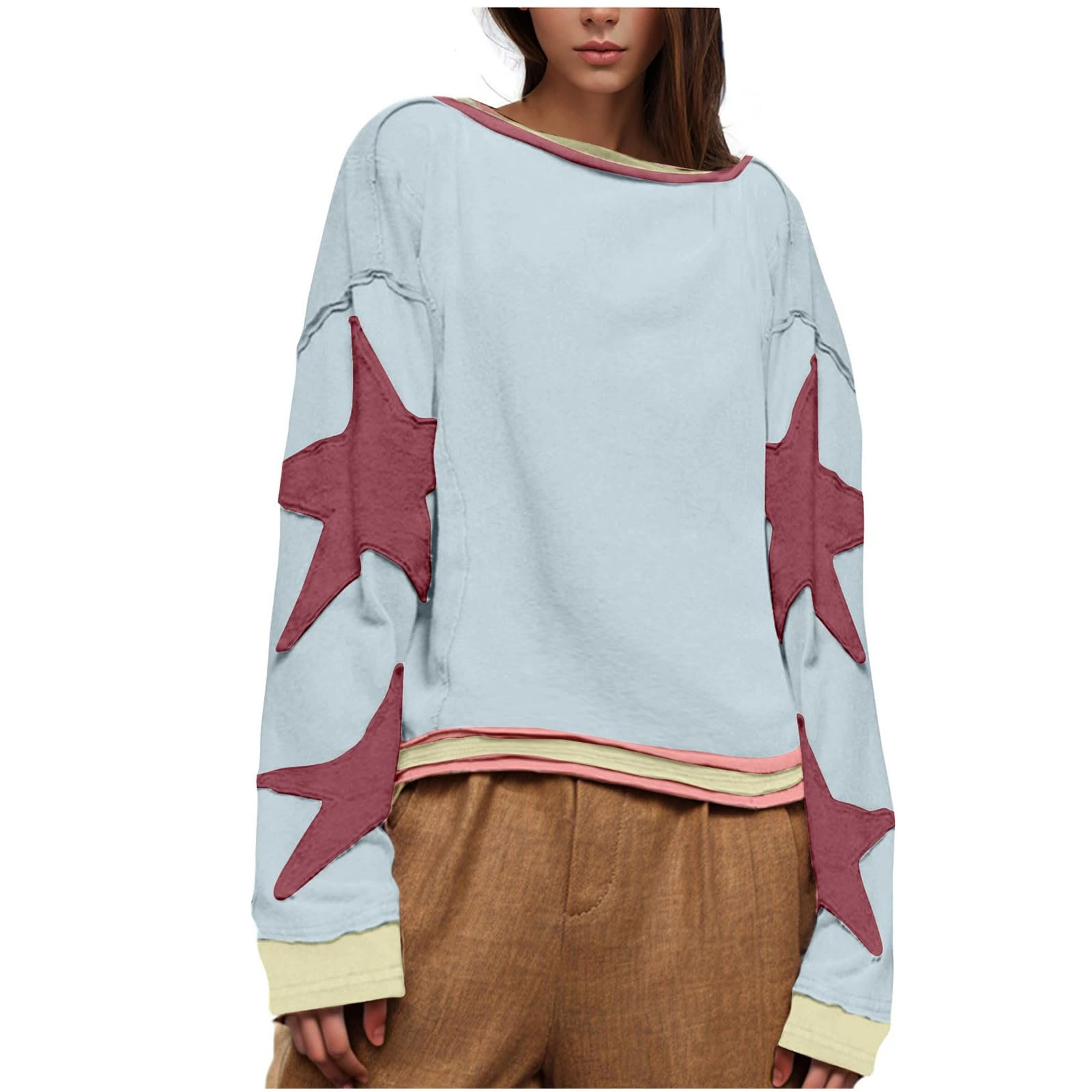 Free Women's Oversized Long Sleeve Lightweight Pullover Top with Star Print Drop Shoulder Y2k Loose Fit Casual Spring Fall Blouse
