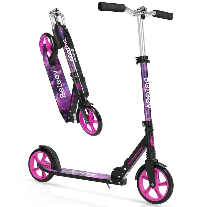 BELEEV Scooter for Kids Ages 6+, 200mm Big Wheel adult Scooters for Boys and Girls, 4 Adjustable Handlebar, Front Suspension, 2 Wheels Scooter with Carry Strap, up to 100Kg(Galaxy Purple)