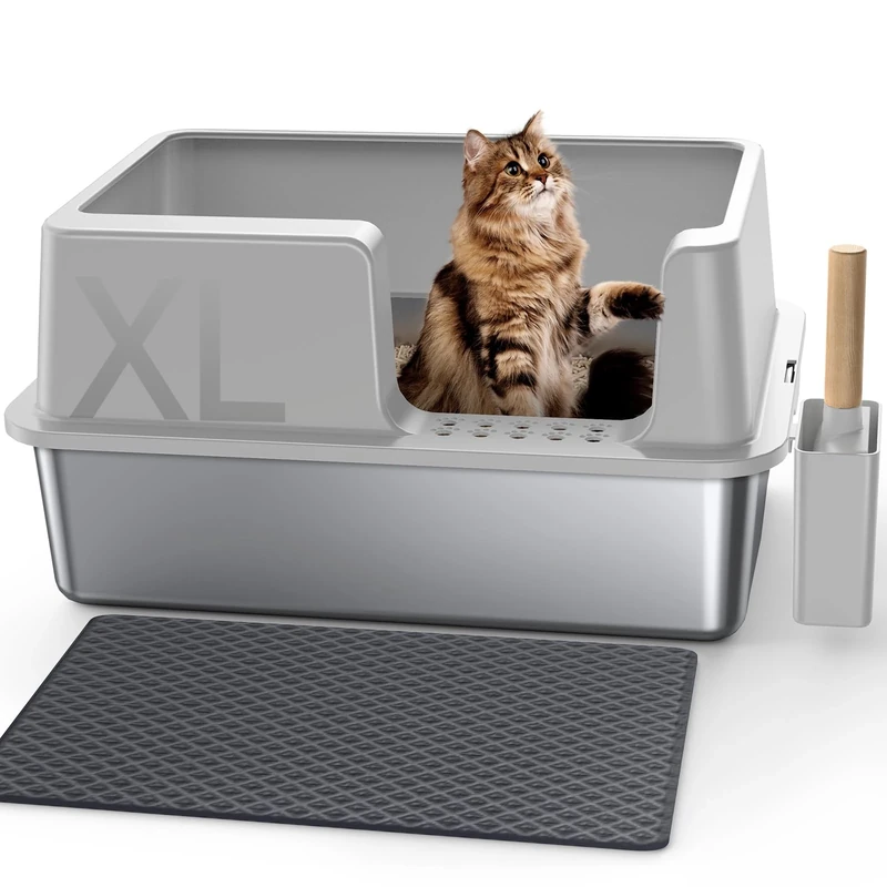 Gimars XL Stainless Steel Cat Litter Box 60x40x31cm, Easy to Clean & No Odour Stainless 36L High Sided Steel Litter Tray, Leak-Proof Cat Litter Trays with Scoop & Mat
