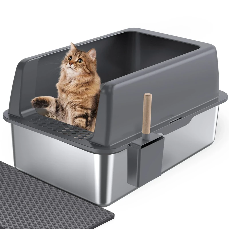 Gimars Stainless Steel Cat Litter Tray 36L High Sided Cat Litter Box with ABS Lid, Anti-Spillage & Odor Control – Metal Litter Tray for All Cats & Kittens, with Scoop & Mat, 60x40x31cm