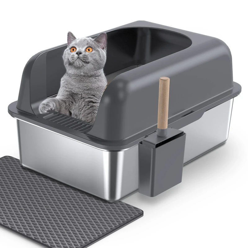 Gimars XL Stainless Steel Cat Litter Box, Large Stainless Steel Cat Litter Tray, 36L Metal Litter Tray with Litter Scoop & Mat, Good for Large Medium Cats