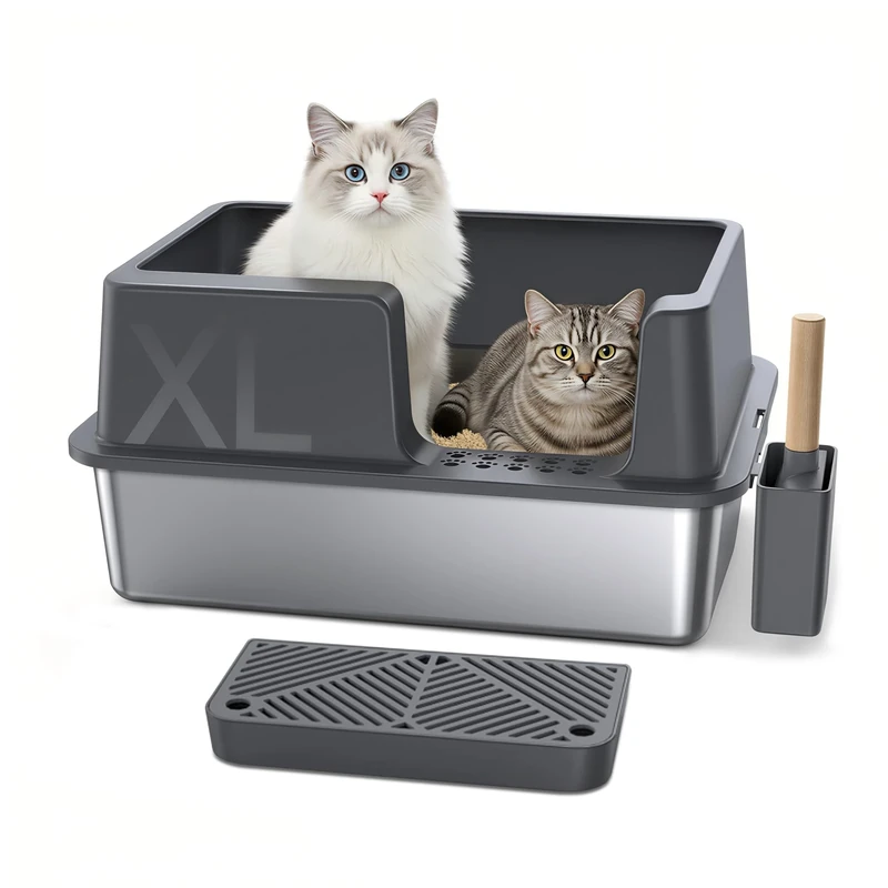 Gimars XL Stainless Steel Cat Litter Box 60x40x31cm, Easy to Clean & No Odour Stainless 36L High Sided Steel Litter Tray, Leak-Proof Cat Litter Trays with Scoop & Pedal