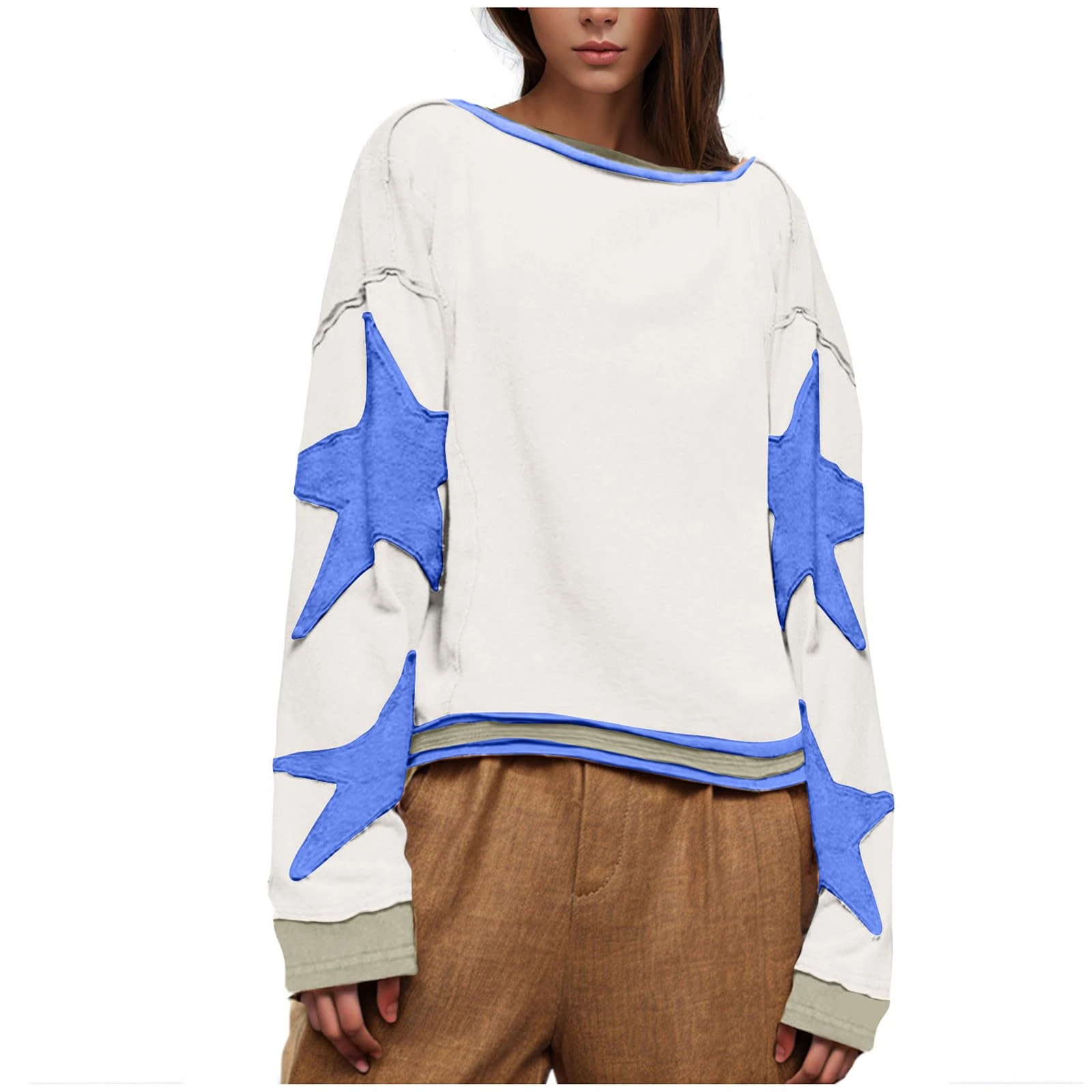 Zeiayuas Women's Oversized Star Print Drop Shoulder Sweatshirt Long Sleeve Lightweight Pullover Tops Loose Fit Casual Blouses Pullovers Solid Blue