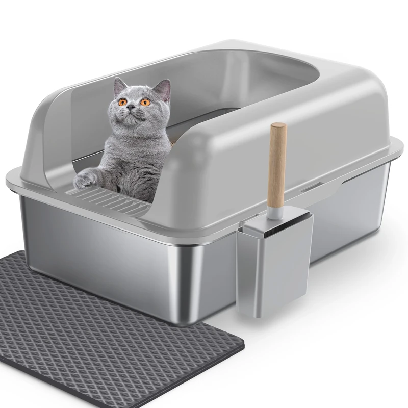 Gimars XL Stainless Steel Cat Litter Box, Large Stainless Steel Cat Litter Tray, 36L Metal Litter Tray with Litter Scoop & Mat, Good for Large Medium Cats