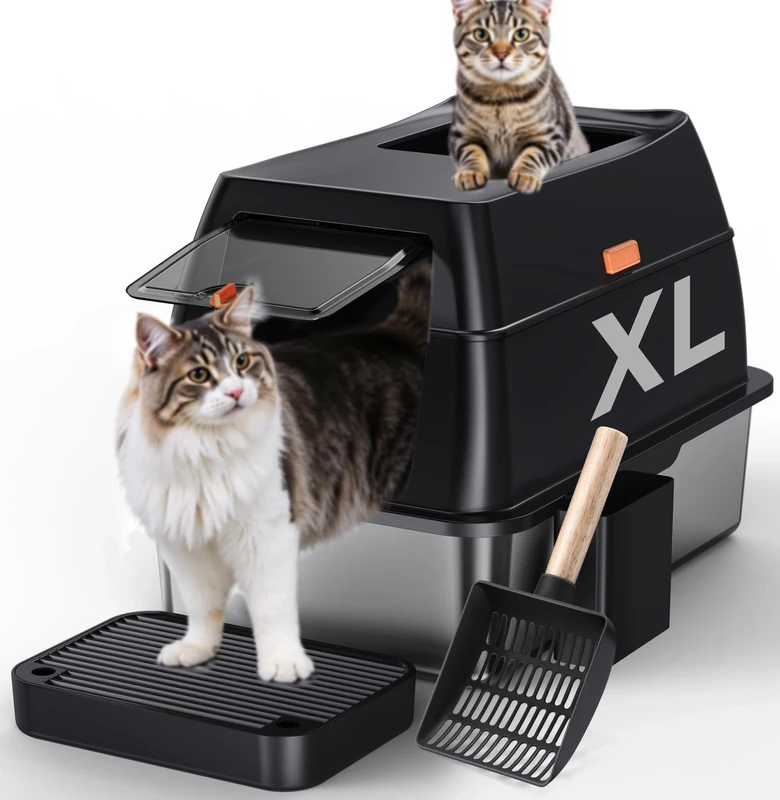 Gimars 3 in 1 High Sided Anti-Leakage Stainless Steel Cat Litter Box with Lid, Extra Large Enclosed Easy Cleaning Litter Box with Scoop, Front & Top Entry for Multiple Cats