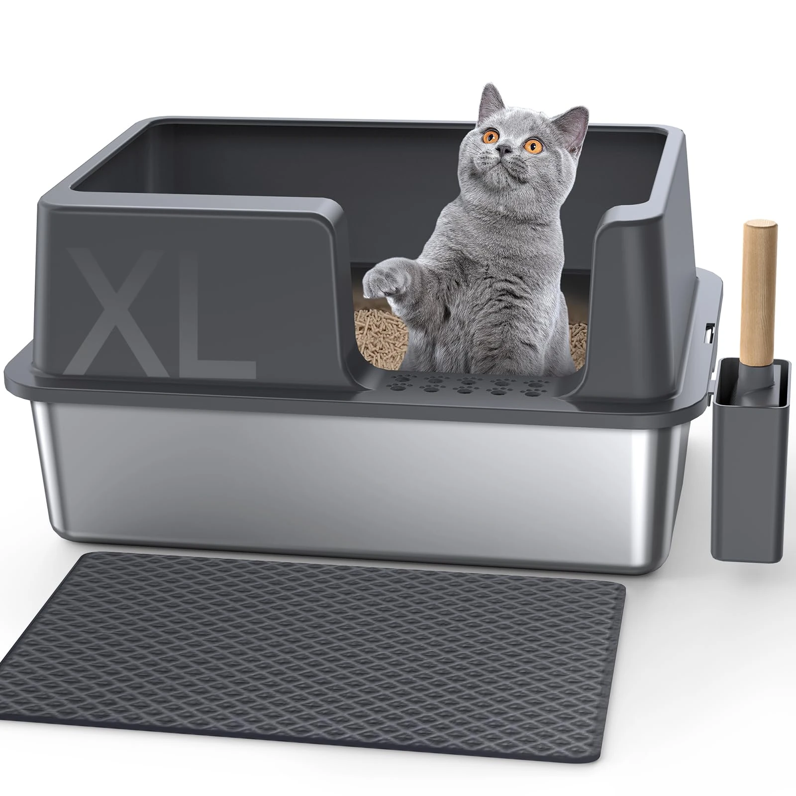Gimars XL Stainless Steel Cat Litter Box 60x40x31cm, Easy to Clean & No Odour Stainless 36L High Sided Steel Litter Tray, Leak-Proof Cat Litter Trays with Scoop & Pedal