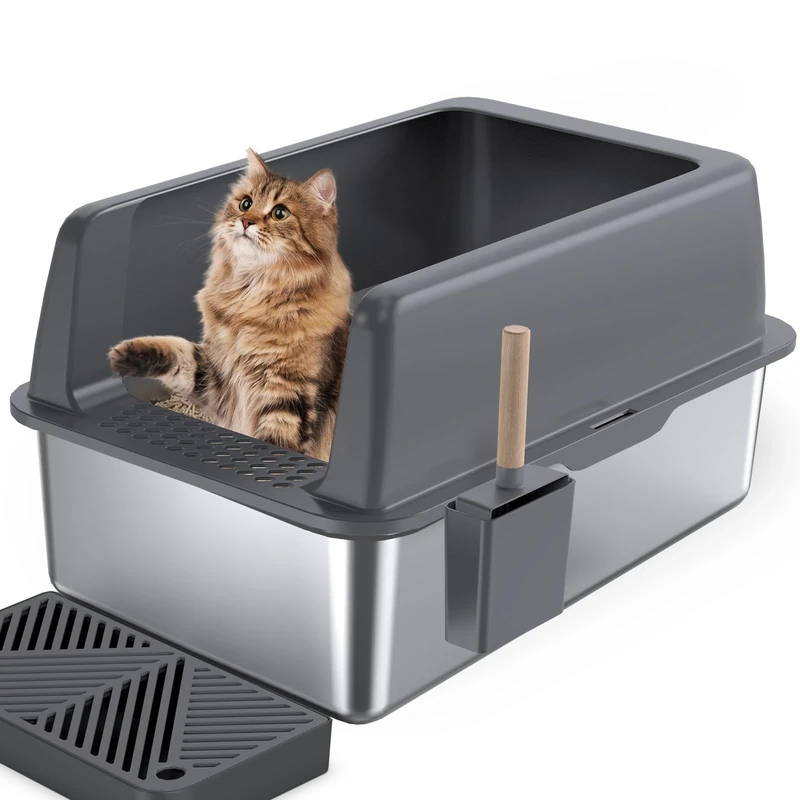 Gimars 36L High Sided Metal Litter Box with ABS Lid, Anti-Spillage & Odor Control – Stainless Steel Cat Litter Tray for All Cats & Kittens with Scoop & Pedal, 60x40x31cm
