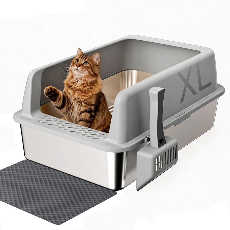 Gimars Stainless Steel Cat Litter Tray 35L High Sided Cat Litter Box with ABS Lid, 58x38x26cm Anti-Spillage & Odor Control – Metal Litter Tray for All Cats & Kittens, with Scoop & Mat