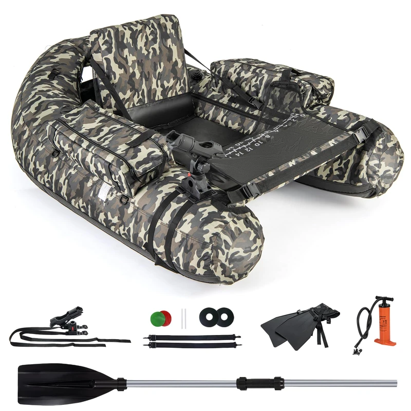 GYMAX Inflatable Fishing Float Tube, Fishing Boat with Adjustable Backpack Straps, Pump, Fish Ruler, Storage Pockets, Paddle, Rod Holder & Flippers, 150 KG Load Capacity (Camouflage, 143 x 112 x 70cm)