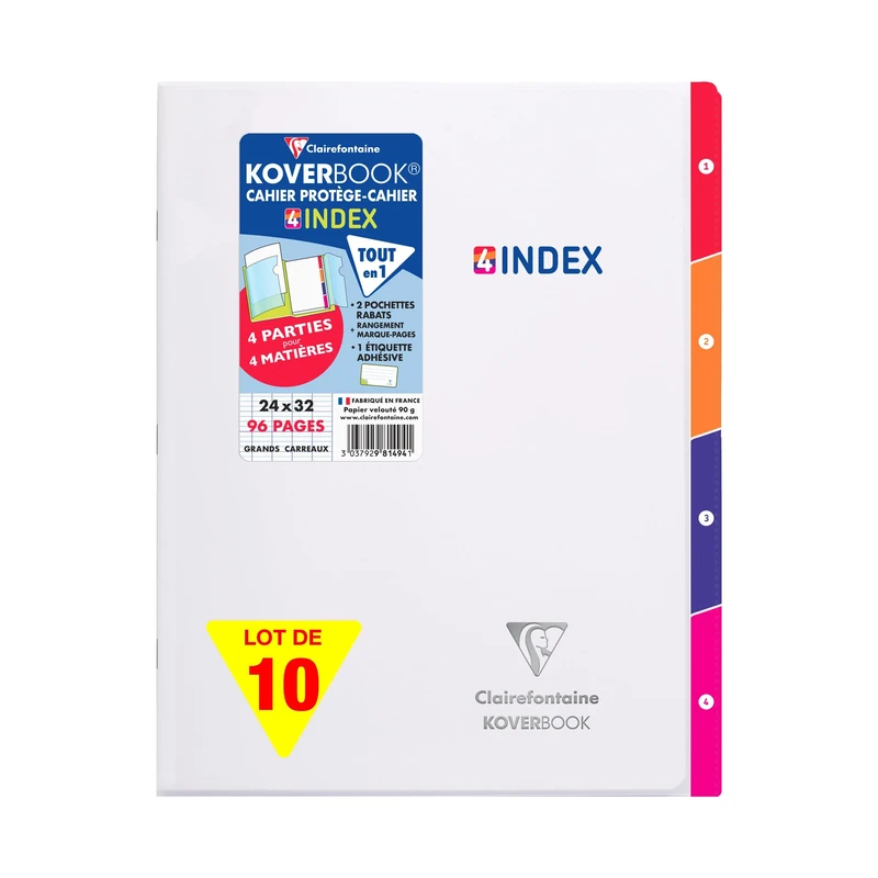 Clairefontaine 981494CPack Set of 10 Stapled Notebooks Koverbook 4 INDEX - 24x32 cm - 96 Seyes Ruled Pages - White Paper 90 g - Transparent Polypro cover