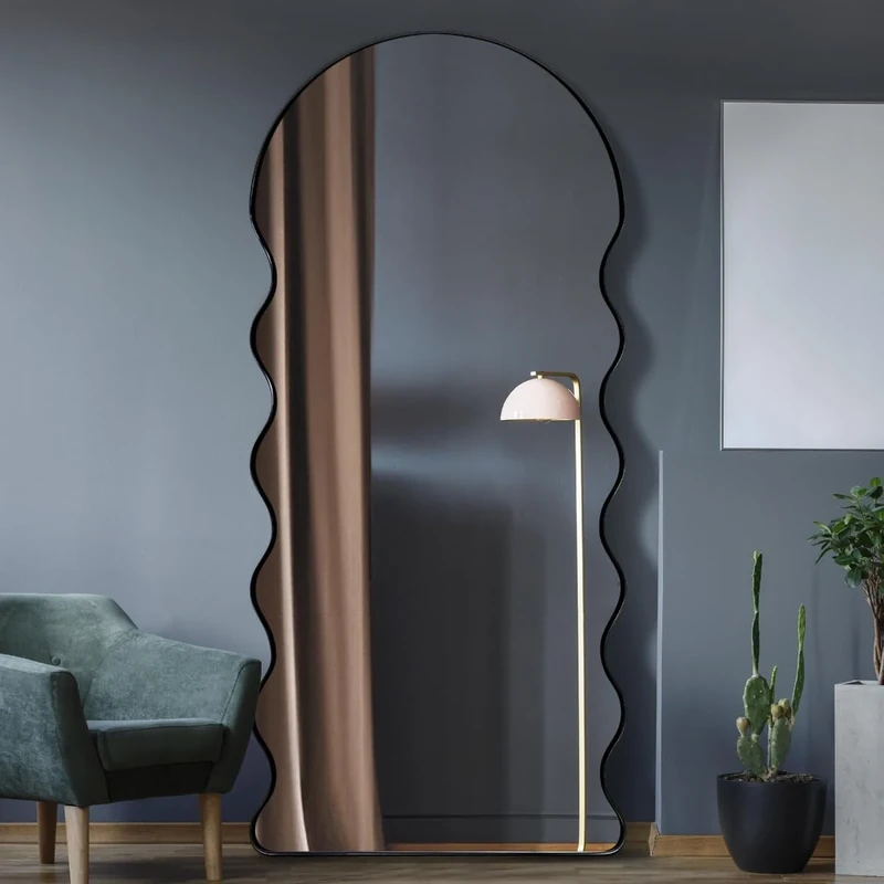 MirrorOutlet The Fluctus - Black Metal Wavy Tray Frame Arch Topped Wall Mirror 71" X 31" (180CM X 80CM) Silvered Mirror Glass. Extra Large