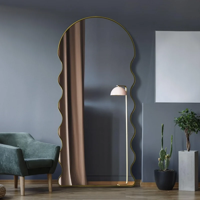 MirrorOutlet The Fluctus - Gold Metal Wavy Tray Frame Arch Topped Wall Mirror 71" X 31" (180CM X 80CM) Silvered Mirror Glass. Extra Large