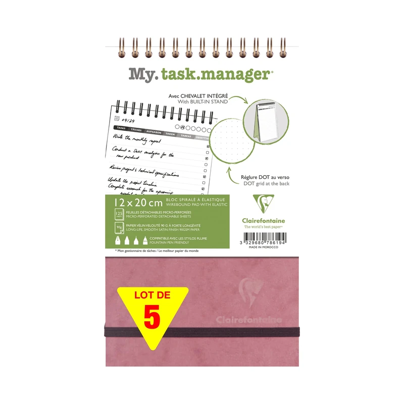 Clairefontaine 786196CPack Age Bag Set of 5 My.taskmanager Antique Pink Spiral Notepads w/ Built-in Easel 14.8x21cm 250 Pages DOT White Paper 90g Cover Leather