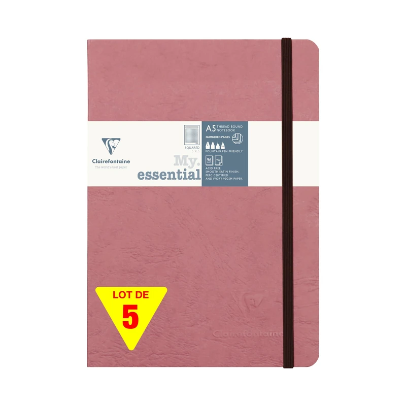 Clairefontaine 793426CPack Age Bag Set of 5 My.Essential Antique Rose Stitched Notebooks 14.8x21cm 192 Pages Small Squares Ivory Paper 90g - Leather Card Cover