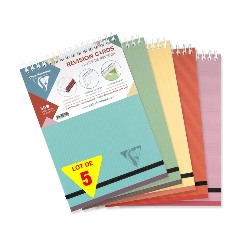 Clairefontaine 327016C LiniColour ESSENCE Set of 5 Spiral Revision Sheet Pads A5 14.8x21 cm - 50 Lined Sheets - 240g White Paper - Transparent Polypro Cover - Random Colours