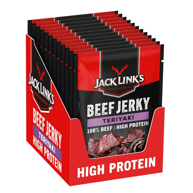 Jack Links - Beef Jerky - Teriyaki Flavour Dried Meat Snack - Box of 12 x 100g - High Protein Snacks for Gym, Fitness, Outdoor, Hiking - American Food - Halal