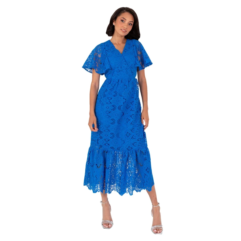 Lovedrobe Women's Midaxi Dress Ladies V-Neck Angel Sleeve A-line Floral Print Ruffle Tiered Hem Wedding Guest Evening Occasion, Blue 18