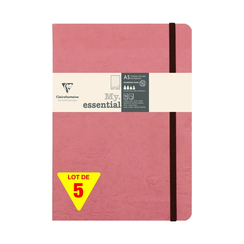 Clairefontaine 793436CPack Age Bag Set of 5 My.Essential Antique Rose Stitched Notebooks - A5 14.8x21 cm - 192 DOT Pages - 90g Ivory Paper - Leather Card Cover