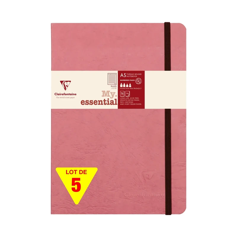 Clairefontaine 793466CPack Age Bag Set of 5 Stitched Notebooks My.Essential Antique Rose - A5 14.8x21cm - 192 Lined Pages - 90g Ivory Paper Leather Card Cover