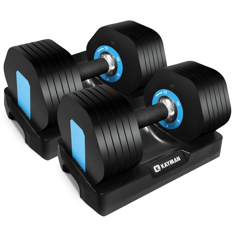 Kayman Adjustable Dumbbell Pair 2x12kg, Powerblock 12-in-1 Weight Set with Quick Radial Dial System, Adjustable Dumbbells Set Strong Grip Workouts & Strength Training dumbells for Home, Gym Fitnes