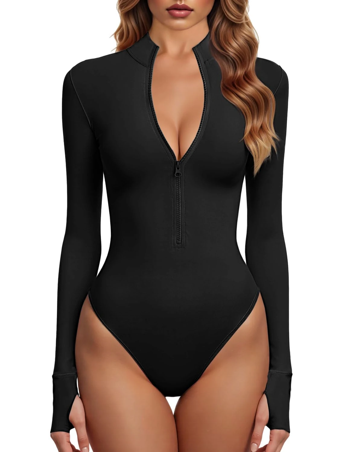 GJY Bodysuits for Women, One Piece Zip Front Long Sleeve Tops, Jumpsuits, black, M