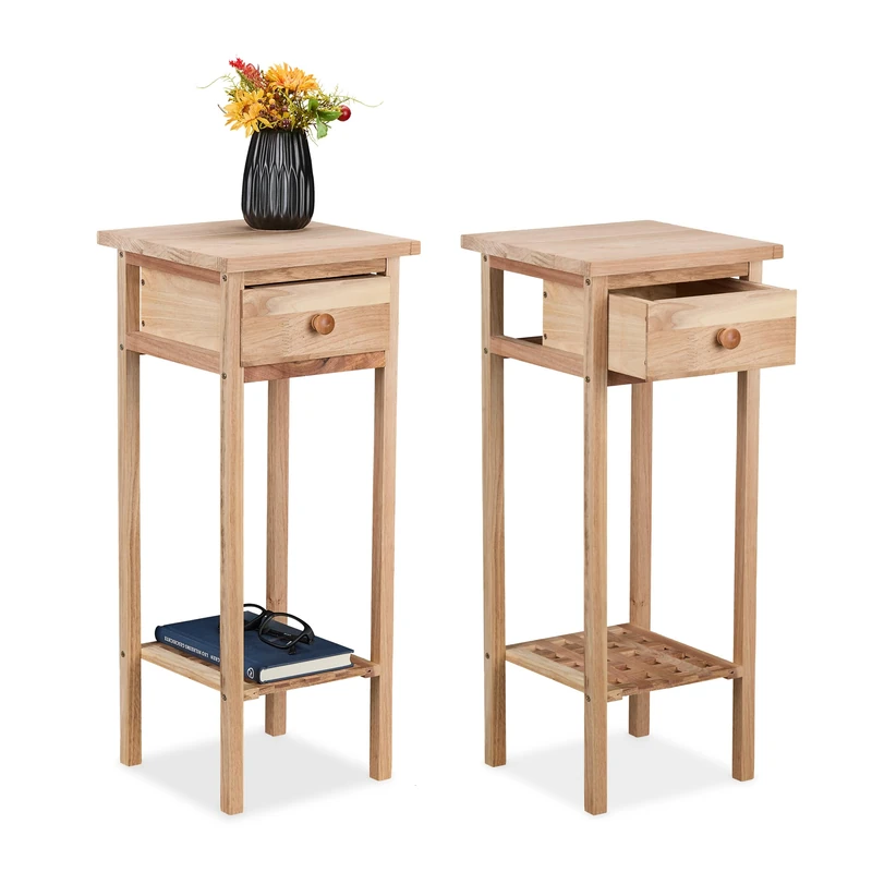 Relaxdays Side Tables, Set of 2, Wood, 60 x 25 x 25 cm, Telephone Stand with Drawer, for Hallway & Living Room, Natural