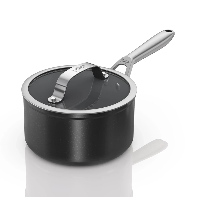 Ninja ZEROSTICK Ceramic Pro 18 cm Saucepan with Glass Lid, Scratch Resistant, Made PTFE-Free, All Hob Compatible, Black, CW30218UK