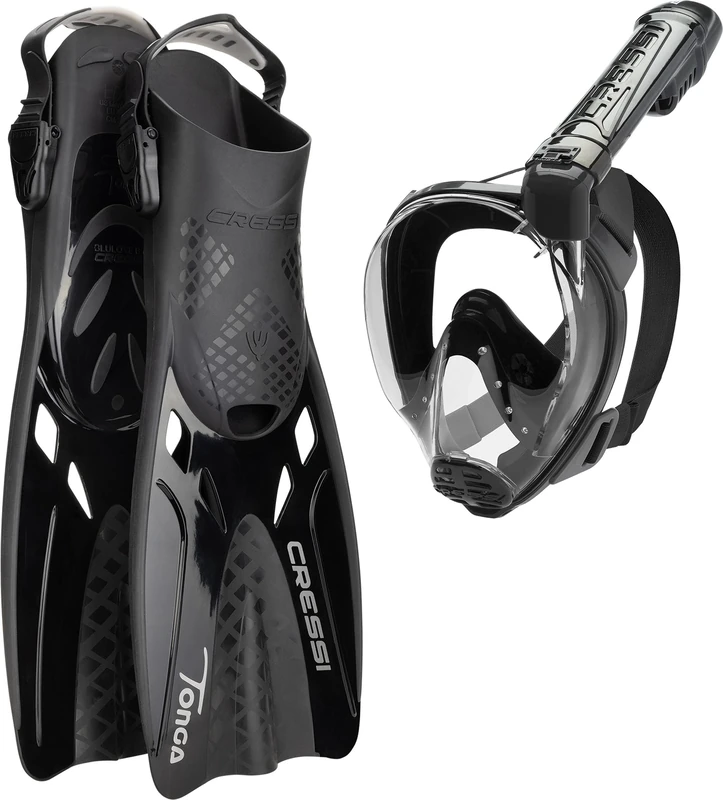 Cressi Baron+Tonga Combo Black/Black S/M-Set Baron Full Face Mask, Wide View, Anti-fog System, Easy Breathing+Light Adjustable Tonga Fins, Black/Black, S/M