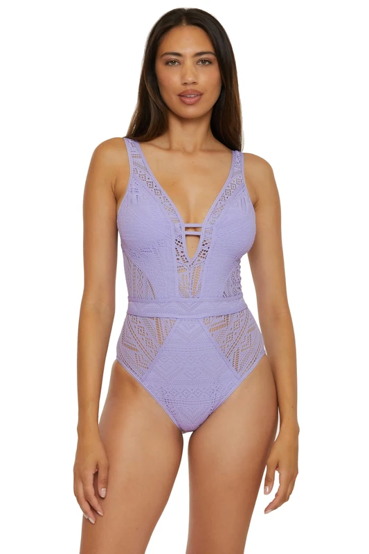 BECCA Women's Color Play One Piece Swimsuit, Plunge Neck, Crochet, Bathing Suits, Bellflower, S