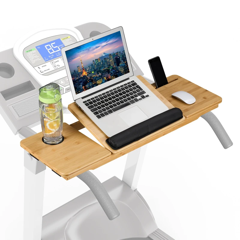 Relaxdays Treadmill Desk Attachment, Laptop Stand, Adjustable, Safety Straps, Tablet & Drink Holder, Bamboo, Natural