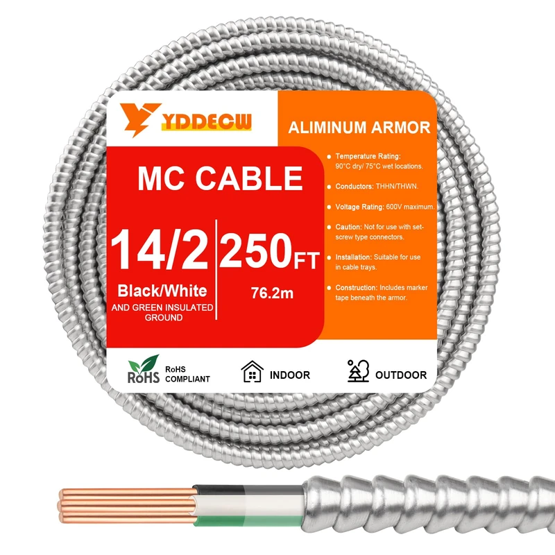 250ft 14/2 Metal Clad (MC) Cable with Ground, 14 Gauge Electric Wire with Aluminum Armor, Solid Bare Copper Conductors for Indoor Outdoor Underground Embedded Installation (14/2, 250 ft)