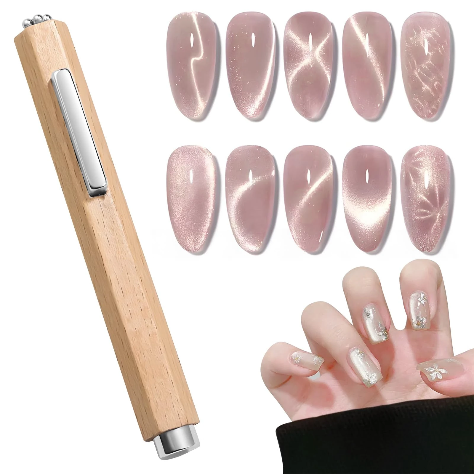 3 in 1 Wooden Handle Nail Magnet Cat Eye Magnet, Versatile Magnet Tool for Nails, Magnet for Cat Eye Gel Polish, Nail Magnets Suitable for Nail Art Magnet for Nail Polish Suitable for Nail Art