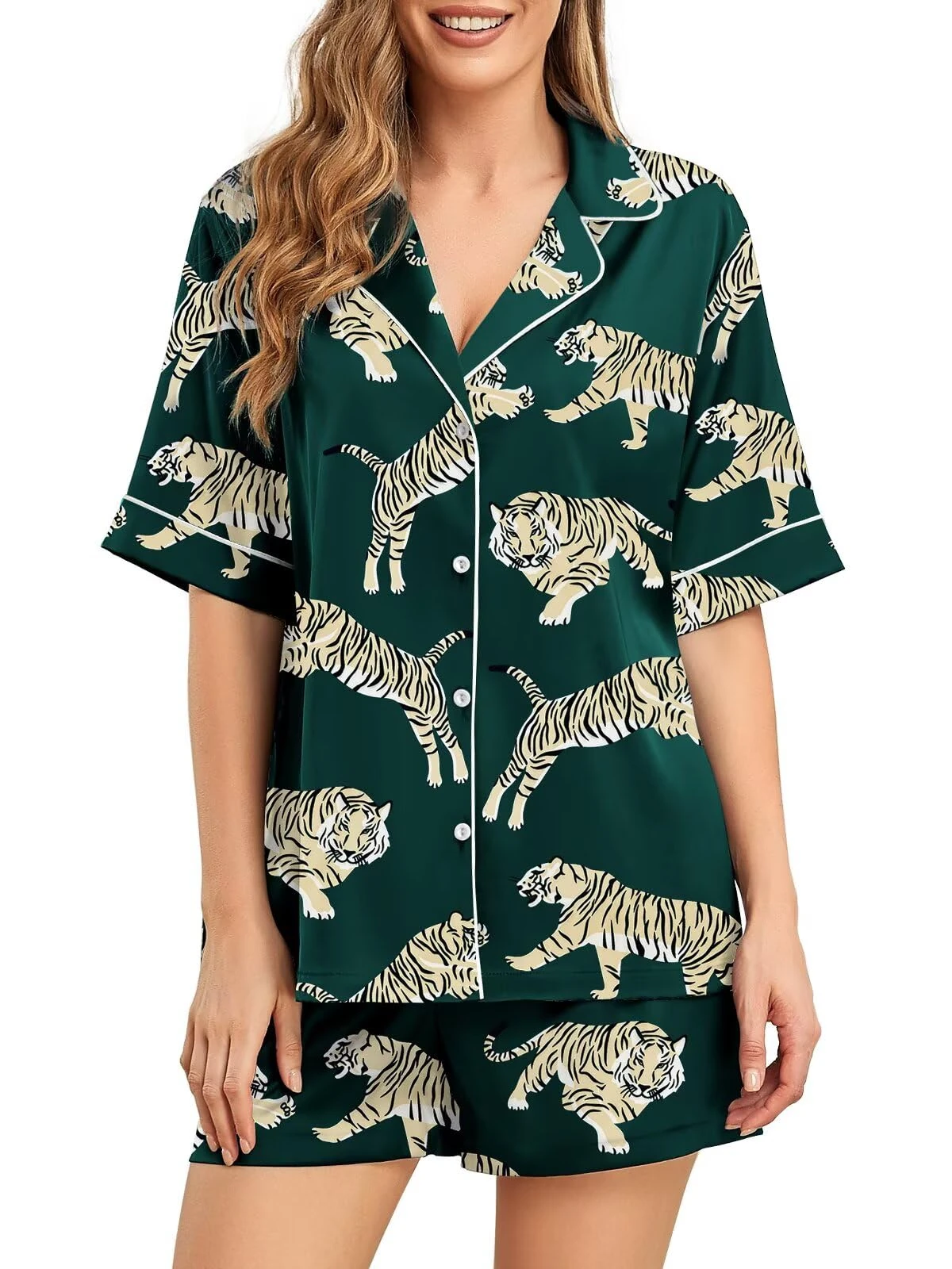 Brosloth Womens Silk Pajama Sets Shorts Button Up Animal Print Pajamas Satin Pjs Short Sleeve Summer Sleepwear Set, Dark Green, S