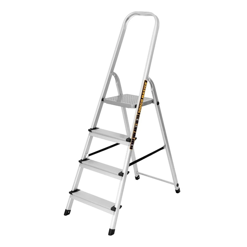TOUGH MASTER Aluminium Folding Step Ladder Tread Ladders Anti-Slip Steps Top Handrail with Rubberised Plastic Feet Max Load 150Kg – EN131 Safety Standard, Silver (4 Steps)