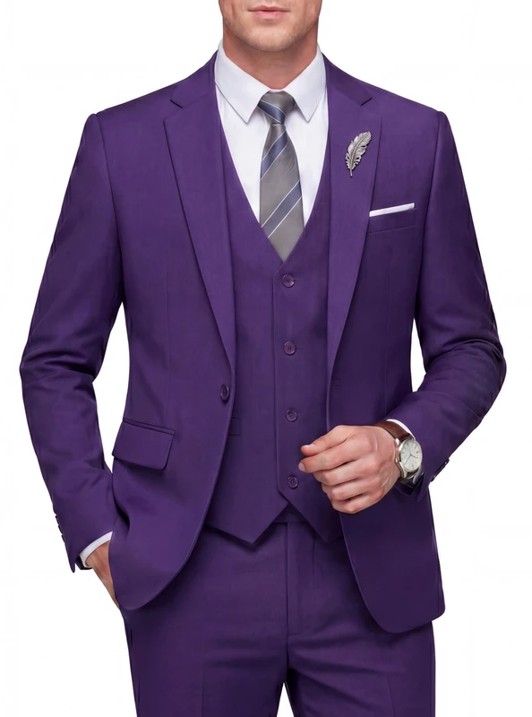WULFUL Men's Slim Fit 3 Piece Suit, One Button Solid Blazer Business Party Jacket Vest Pants Set, Purple, M