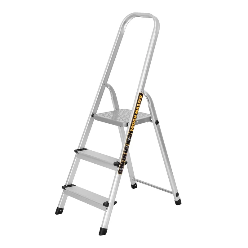 TOUGH MASTER Aluminium Folding Step Ladder Tread Ladders Anti-Slip Steps Top Handrail with Rubberised Plastic Feet Max Load 150Kg – EN131 Safety Standard, Silver (3 Steps)